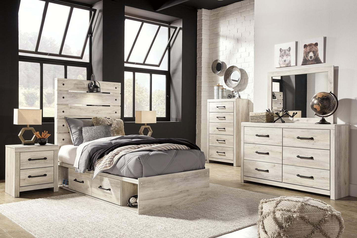 Cambeck  Panel Bed With 2 Storage Drawers With Mirrored Dresser, Chest And 2 Nightstands