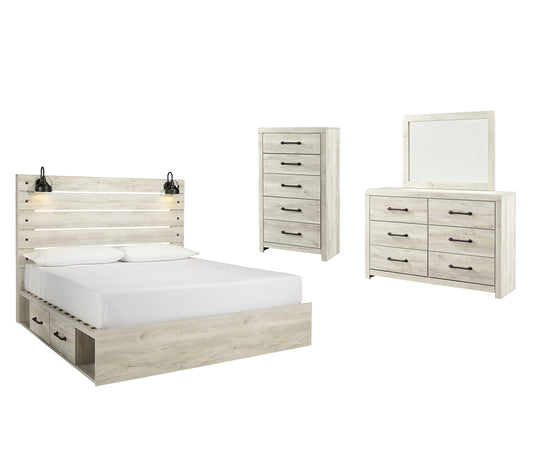 Cambeck King Panel Bed with 2 Storage Drawers with Mirrored Dresser, Chest and Nightstand