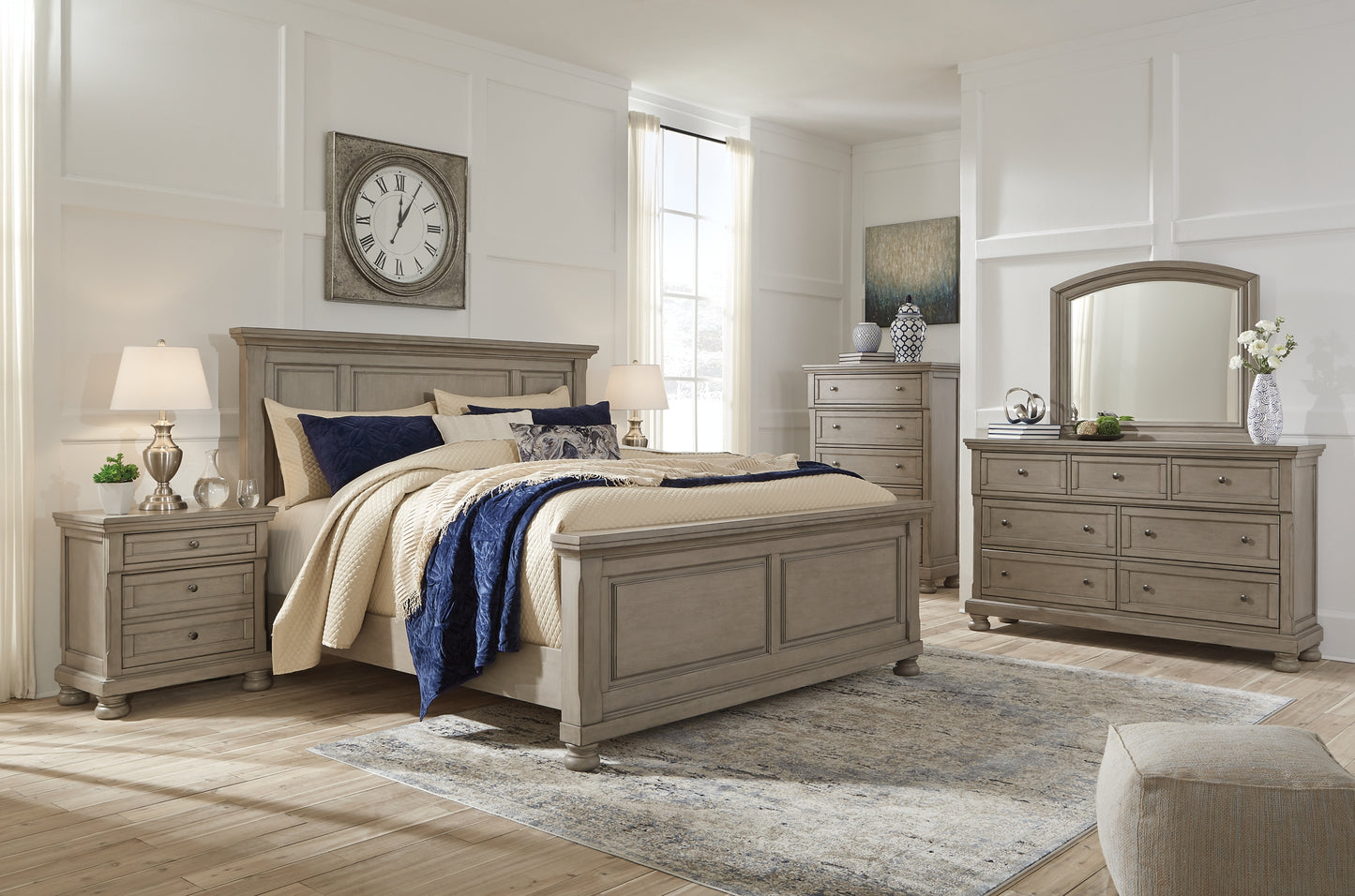 Lettner King Panel Bed with Mirrored Dresser and Chest