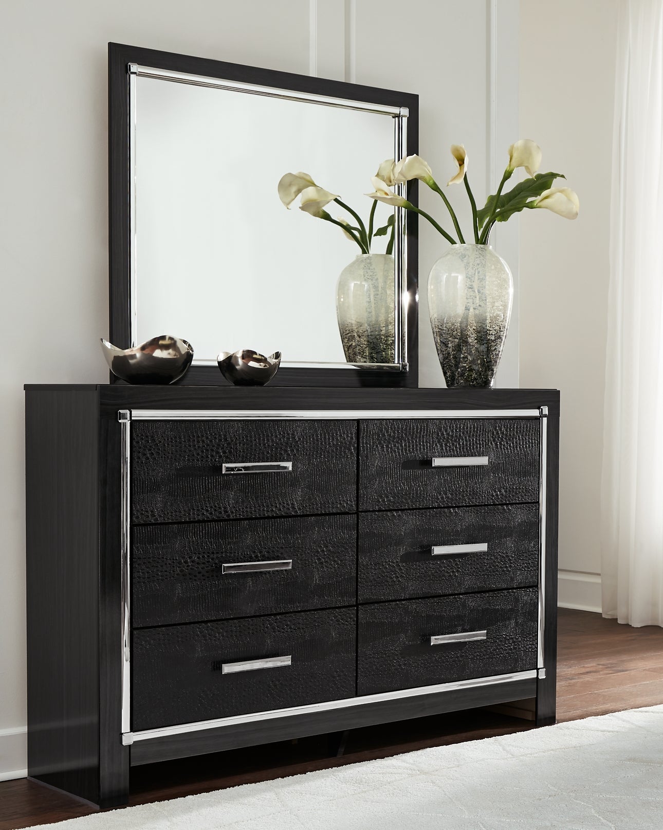 Kaydell Queen Upholstered Panel Headboard with Mirrored Dresser, Chest and Nightstand