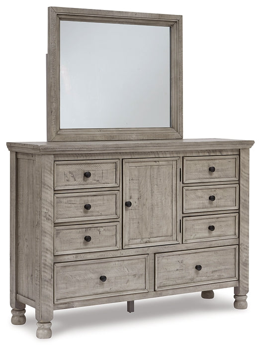 Harrastone Queen Panel Bed with Mirrored Dresser, Chest and Nightstand